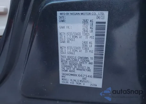 2013 Nissan Pathfinder Platinum из США, поврежденный, VIN 5N1AR2MM8DC667546